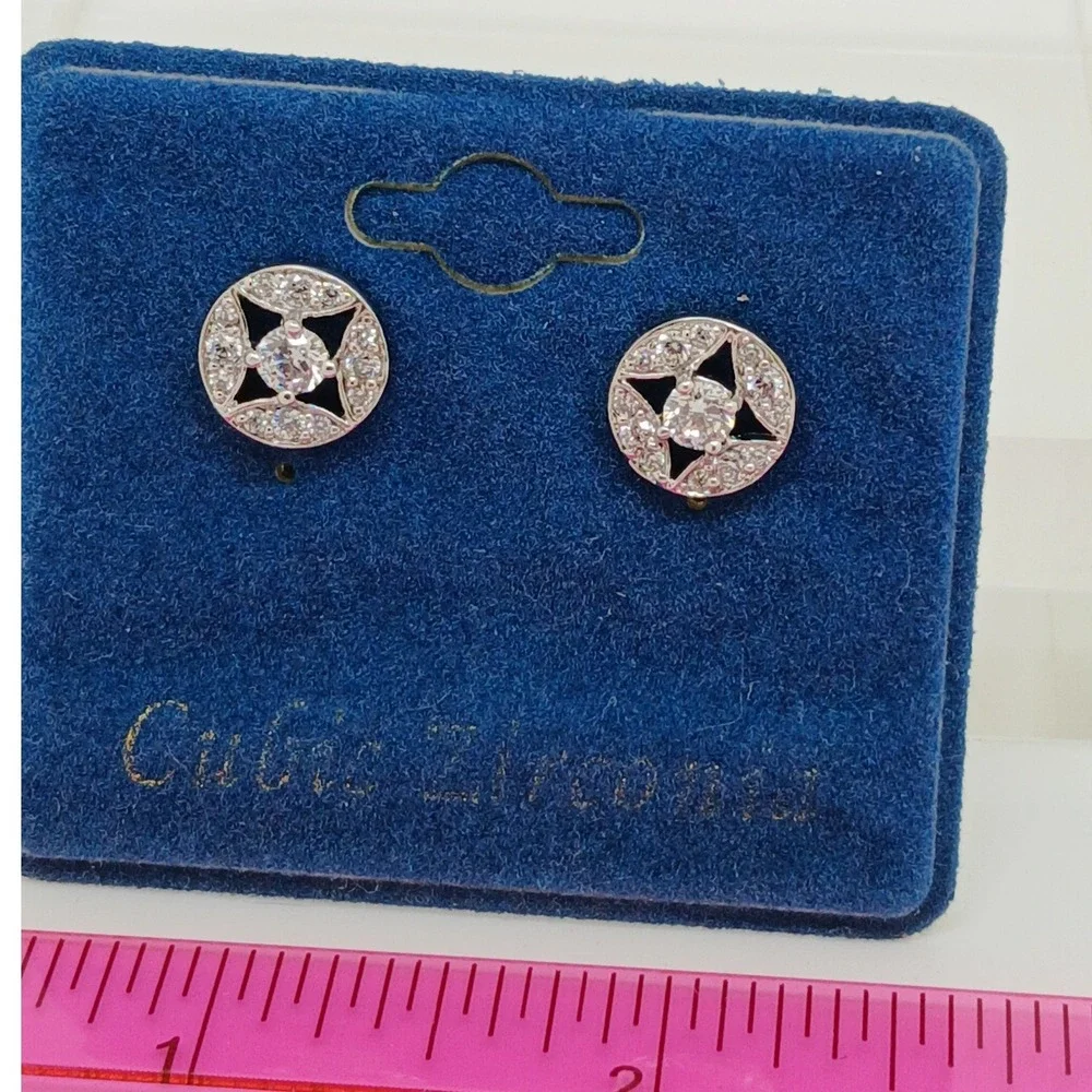 Vintage 1990s Cubic Zirconia Silver Tone‎ Geometric Round Stud Earrings New